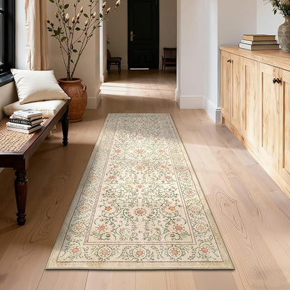 GarveeHome Boho 2x6 Runner Rug for Hallways Non Slip, Vintage Botanical Kitchen Rugs Washable Area Rug for Entryway Stain Resistant, Low Pile Soft Runner Camel Carpet for Bedroom Floor Laundry Room