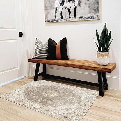 MUJOO Beige Rug 2'x3',Small Washable Area Rugs for Entryway Kitchen Bathroom Bedroom,Boho Vintage Bohemian Distressed Farmhouse Non Slip Carpet, Floral