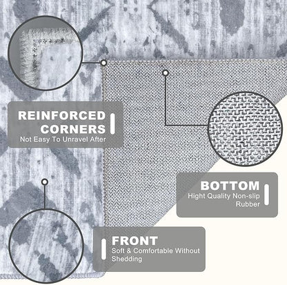 KILOCOCO Hallway Runner Rug 3'x8' Washable Printed Moroccan Runner Rugs Non Slip Entryway Rugs Soft Indoor Long Floor Rug for Bedroom Kitchen Living Room Geometric Boho Carpet Runners, Grey White