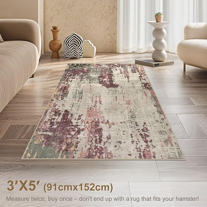 3x5 Area Rug Living Room Rugs - Washable Neutral Modern Abstract Soft Thin Rug Indoor Floor No Slip Rug Carpet for Bedroom Under Dining Table Home Office Decor - Purple/Green/Beige