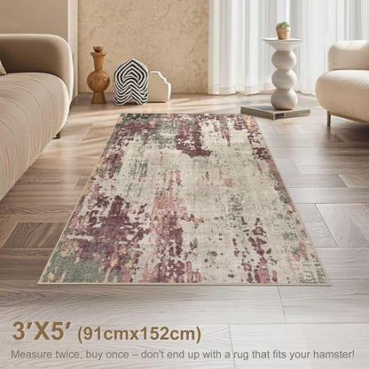 3x5 Area Rug Living Room Rugs - Washable Neutral Modern Abstract Soft Thin Rug Indoor Floor No Slip Rug Carpet for Bedroom Under Dining Table Home Office Decor - Purple/Green/Beige
