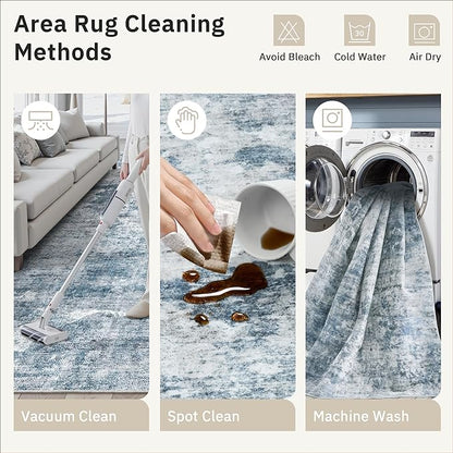Abstract Rug 5x7 Machine Washable Area Indoor Blue Low Pile Non-Slip Foldable Thin Accent Rugs for Bedroom Living Room Dining Room