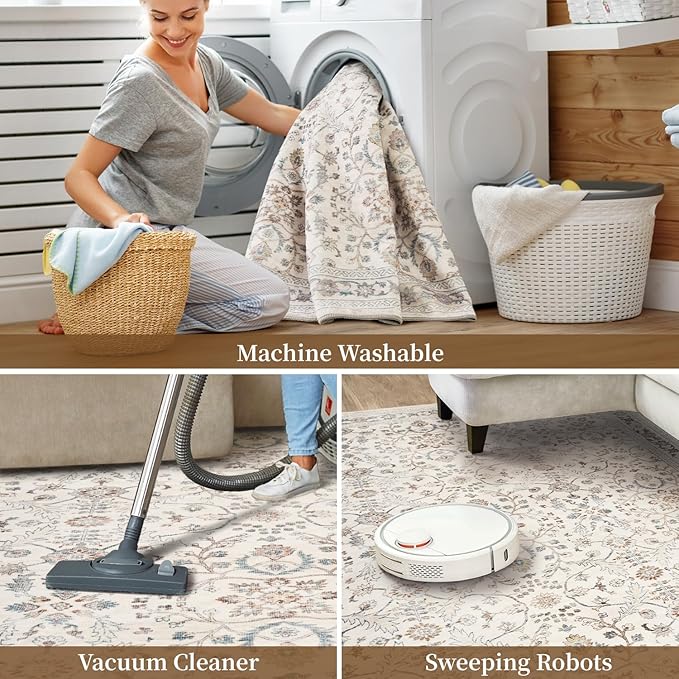 MontVoo-Vintage Area Rug 3x5 Beige Rugs for Living Room-Soft Distressed Printed Rugs for Bedroom-Non Slip Carpet-Machine Washable Rug for Dining Room Living Room Bedside Office