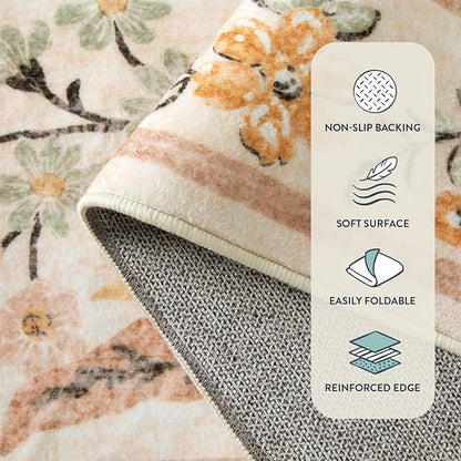 Lahome Fall Floral Washable Area Rugs 8x10, Boho Living Room Large Rugs Non-Slip for Bedroom, Soft Rubber Backed Burnt Orange Carpet for Dining Playroom Decor, Ochre Fall