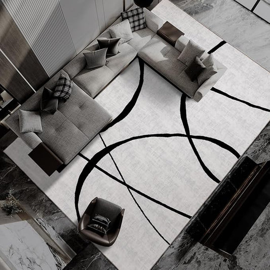 YIHOUSE Curve 9x12ft Modern Washable Area Rug for Living Room Bedroom - Large Abstract Black and White Rug Non-Slip Ultra-Thin Home Decor