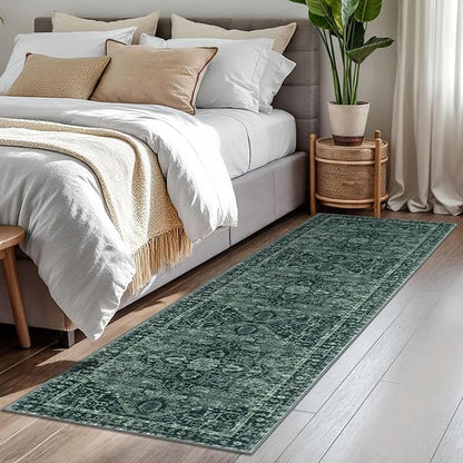 KOZYFLY Runners for Hallways 2x7 Ft Washable Kitchen Runner Rug Boho Runner Rug for Entryway Indoor Printed Faux Wool Long Floor Carpet Runner for Bedroom Laundry Kitchen Hallway, Dark Green