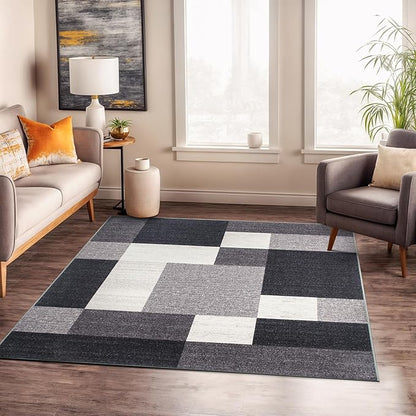 Rugshop Modern Boxes Design Non-Slip (Non-Skid) Square Dining Room, Living Room, Kitchen Area Rug 6'6" x 6'6" Gray