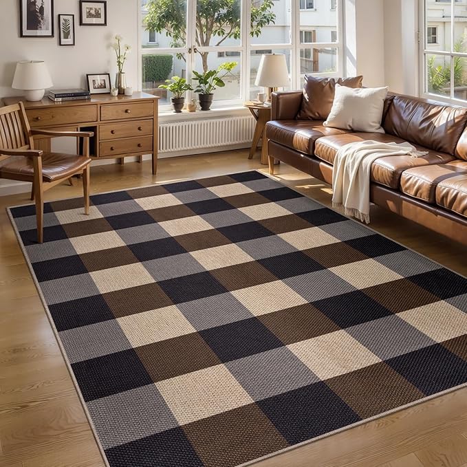 Tangsoo Checkered 4x6 Washable Easy Jute Area Rug for Patio,Non-Slip Black Brown Indoor Outdoor Rug,Modern Throw Mat Ultra Thin Carpet for Front Porch Kitchen Bedroom Foyer