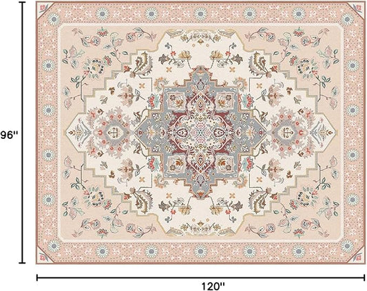 Phantoscope Washable Area Rug 8'x10' Non-Slip, Vintage Boho Rugs for Living Room, Bedroom, Dining Room, Persian Floral Medallion Pattern, Low-Pile Foldable Floor Carpet, Ivory Rose/Fall Bloom