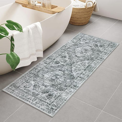 Uphome Bathroom Runner, Distressed Tribal Farmhouse Gray Bathroom Mat, Large Bath Rugs Non Slip Washable, Oriental Retro Boho Bath Mat Runner for Bathtub Sink Laundry, 24x59 inch