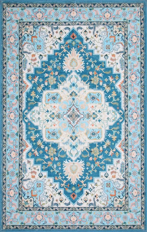 WILLSUN Washable Area Rugs, 5x7 Non-Slip Boho Large Area Rugs for Living Room, Bedroom, Machine Washable Vintage Rug, Indoor Floral Print Carpet for Home Decor, Kid & Pet Friendly Mat