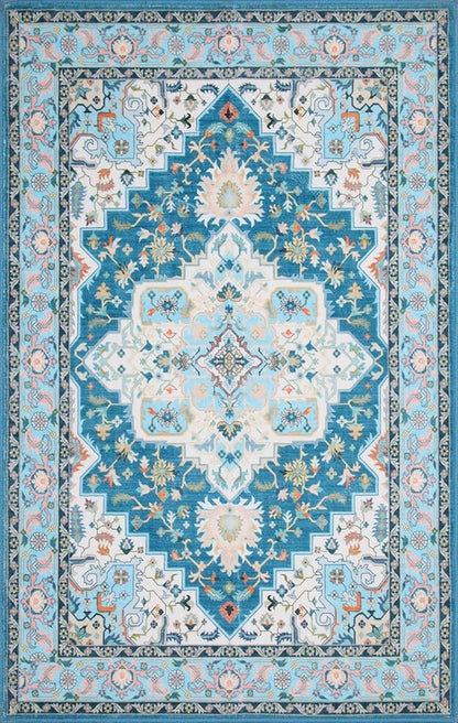 WILLSUN Washable Area Rugs, 5x7 Non-Slip Boho Large Area Rugs for Living Room, Bedroom, Machine Washable Vintage Rug, Indoor Floral Print Carpet for Home Decor, Kid & Pet Friendly Mat