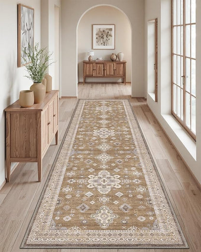 DEXI Hallway Runner Rug 3x12, Distressed Non Slip Runners Carpet, Boho Vintage Soft Thin Indoor Rug, Stain Resistant Washable Entry Mat for Entryway Kitchen Laundry Room Living Room, Light Brown