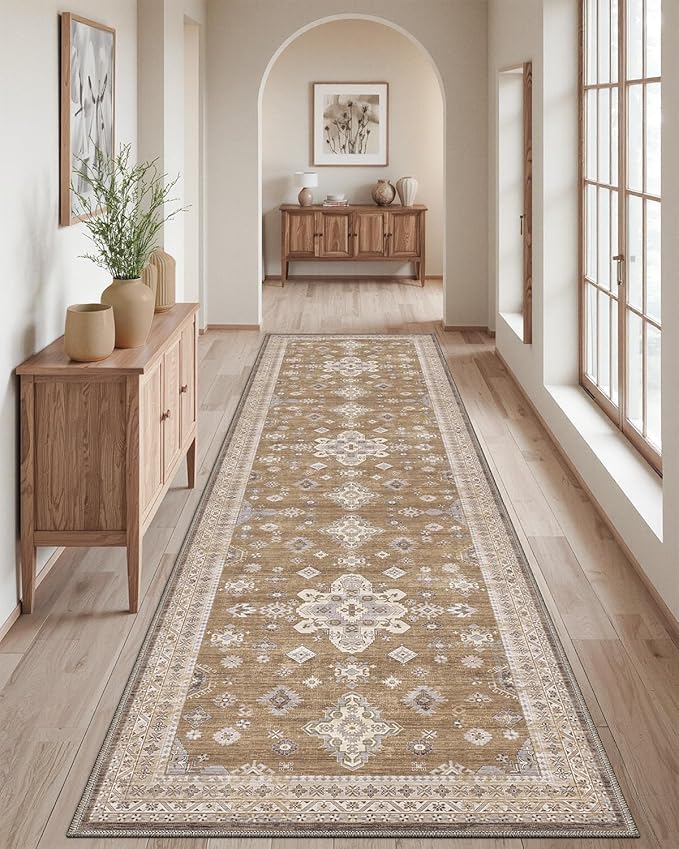 DEXI Hallway Runner Rug 3x7, Distressed Non Slip Runners Carpet, Boho Vintage Soft Thin Indoor Rug, Stain Resistant Washable Entry Mat for Entryway Kitchen Laundry Room Living Room, Light Brown