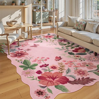 Lahome Floral Living Room Rugs, Pink Area Rugs 5x7 Rug for Bedroom Ultra-Thin Soft Rug, Non-Slip Washable Rugs Stain Resistant Throw Boho Rug for ‎‎Nursery Playroom Classroom (5x7ft, Pink)