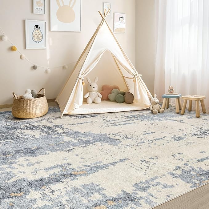 9x12 Area Rug Living Room Rugs - Washable Neutral Modern Abstract Soft Thin Rug Indoor Floor No Slip Rug Carpet for Bedroom Under Dining Table Home Office Decor - Blue/Light Brown