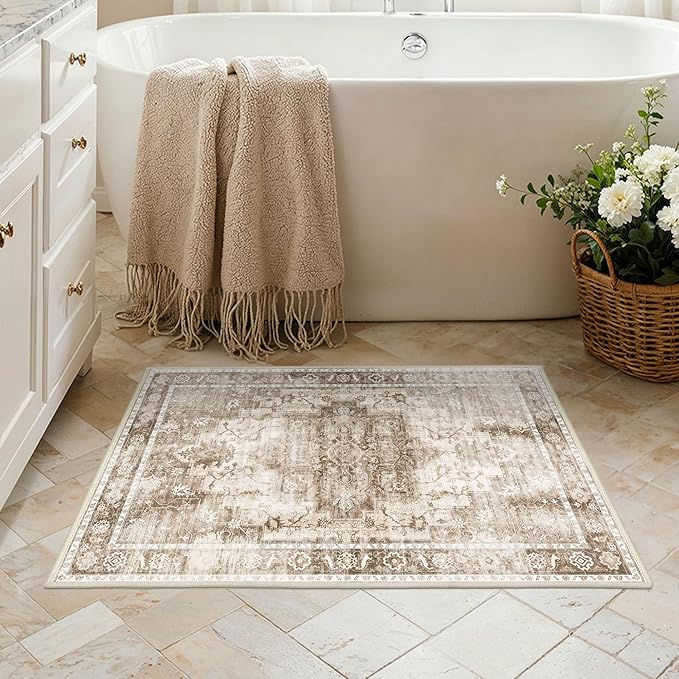 Area Rug 2x3 Doormat, Machine Washable Low Pile Vintage Rugs, Small Lightweight Rug Entryway Indoor Mat for Entrance, Hallway, Kitchen and Corridor, Latte Beige