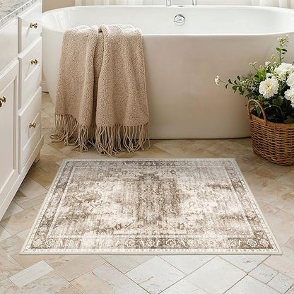 Area Rug 2x3 Doormat, Machine Washable Low Pile Vintage Rugs, Small Lightweight Rug Entryway Indoor Mat for Entrance, Hallway, Kitchen and Corridor, Latte Beige
