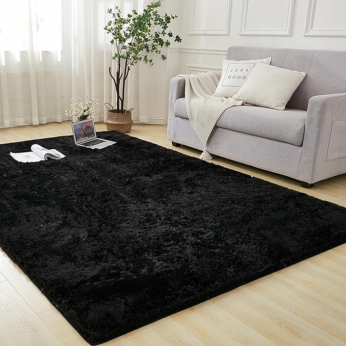 Andency Black Soft Area Rugs for Living Room Bedroom, 5x8 Fluffy Shaggy Bedside Rug, Non-Slip Large Shag Fuzzy Plush Carpets for Bedroom Kids Dorm Nursery Home Decor Aesthetic