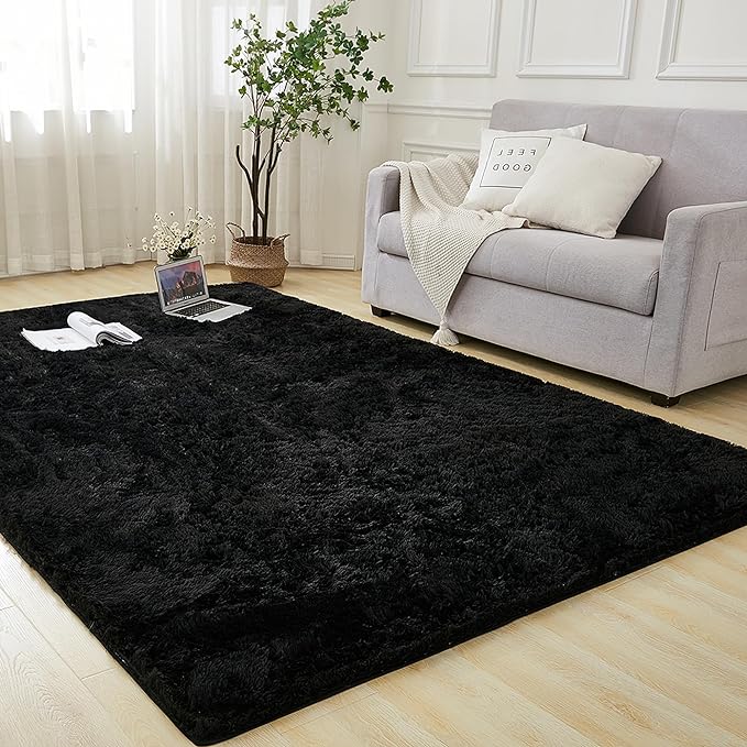 Andency 6x9 Area Rugs Black, Large Shag Fluffy Soft Shaggy Rugs for Living Room Bedroom, Non-Slip Thick Plush Carpet for Kids Girls and Boys, Dorm Nursery Home Decor Aesthetic