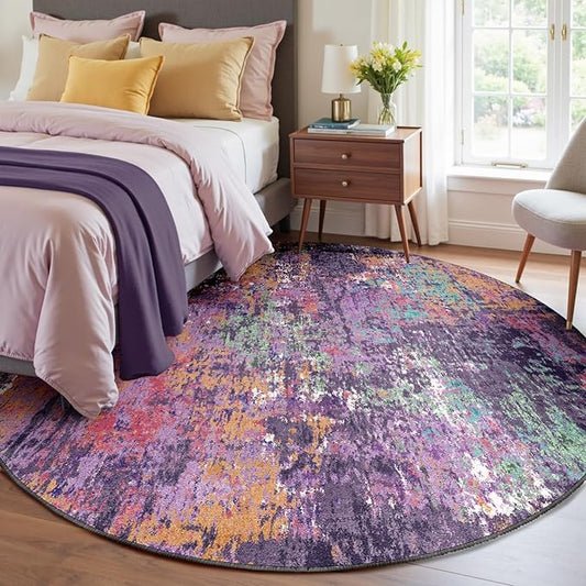 Washable Area Rugs 8ft Non-Slip Modern Abstract Soft for Living Room Entryway Bedroom Nursery, Print Pattern, Purple Orange Blue Green Rust Red Colorful