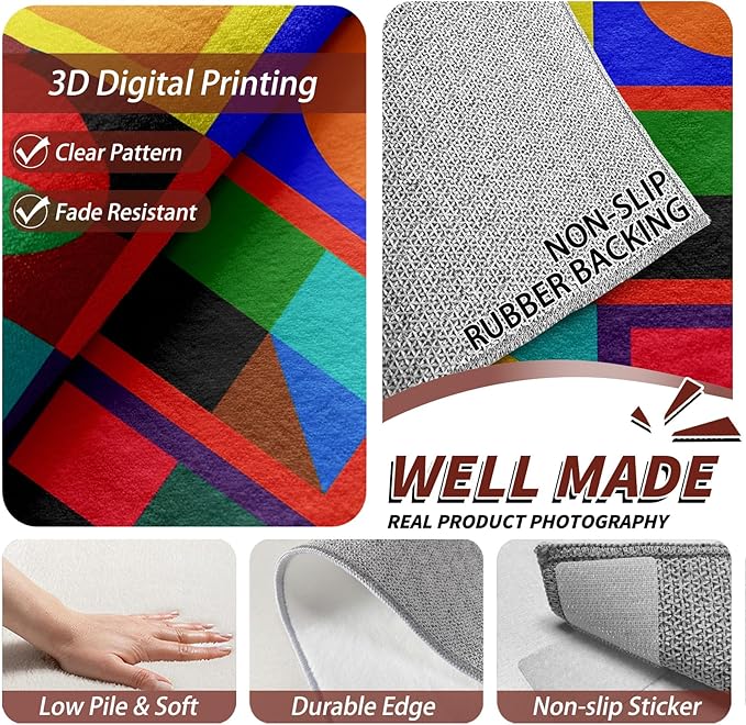 Geometric Washable Rugs - 5x8ft - Colorful Abstract Modern Funky Rugs for Living Room Non Slip Low Pile Area Rug for Bedroom, Geometric Carpets Room Decor & Gifts
