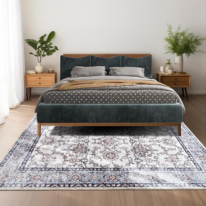 Area Rug 5x7, Washable Faux Wool Throw Rugs for Living Room, 0.3″ Non Slip Low Pile Vintage Boho Carpet for Ding Room, Home Office, Bedroom, Kids Room, Bedside (Gray Purple)