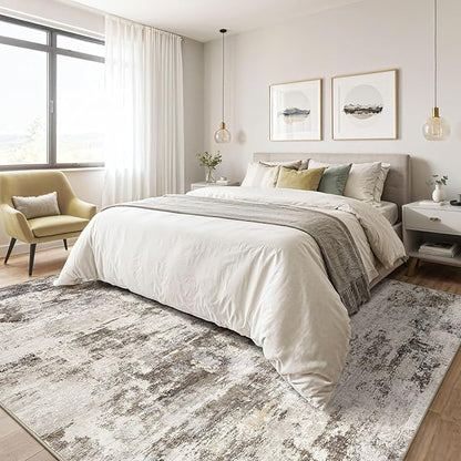 8x10 Area Rugs Living Room: Washable Large Abstract Neutral Modern Soft Rug Stain Resistant Indoor Floor Non-Slip Accent Carpet for Bedroom Nursery Playroom Dining Room Office Dorm Home- Brown Yellow