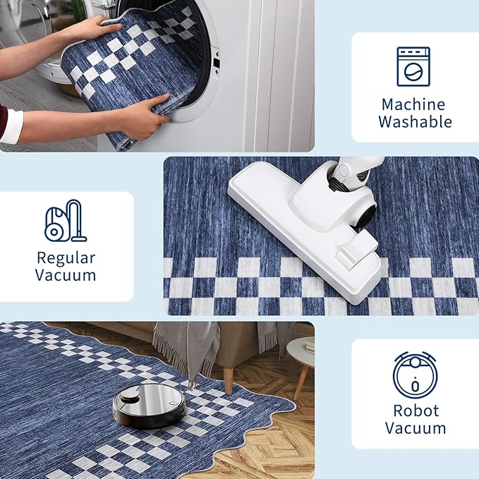 GarveeHome Scalloped Washable Rug 9x12 Area Rug for Living Room Modern Border Large Bedroom Throw Carpet with Rubber Backing Stain Resistant Boho Rug for Dining Room Home Decor Office, Blue