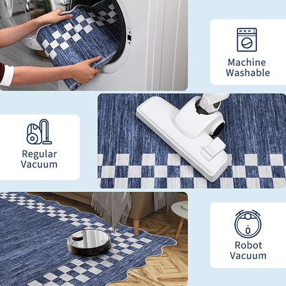 GarveeHome Area Rug 6x9 Large Living Room Modern Border Throw Rug with Rubber Backing Stain Resistant Dining Room Throw Carpet Washable Scalloped Rug for Bedroom Home Decor Office, Blue