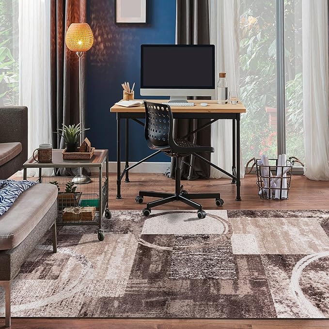 Rugshop Contemporary Abstract Circle Design Area Rug, Fade-Resistant Modern Carpet for Living Room, Dining Room, or Office, Brown, 10' x 14'