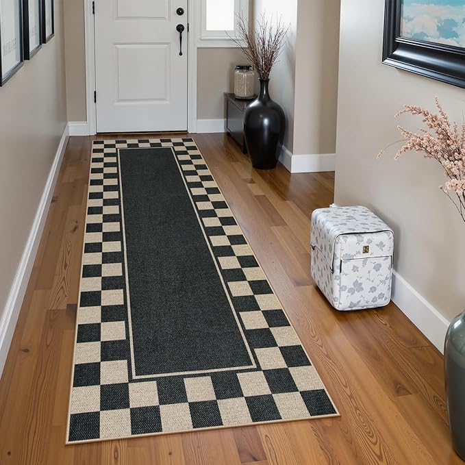 Moynesa Easy Jute Runner Rugs Washable 2x6 Entryway Runners Rug for Kitchen Black Checkered Carpet for Indoor Outdoor Non Slip Mat for Hallways Bathroom Bedroom Laundry Living Room Corridor