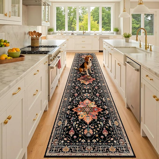 Area Rugs 2'x10' Washable Non-Slip, Floral Vintage Distress Print Pattern Medallion Carpet for Living Room Bedroom Dining Room, Black Colorful Floral Dark Tan