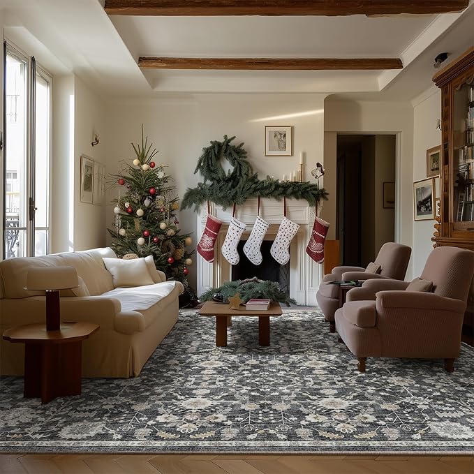 8x10 Washable Area Rugs Ultral Soft Non-Slip Stain Resistant Vintage Boho Large Carpet for High-Traffic Living Room & Dining Room