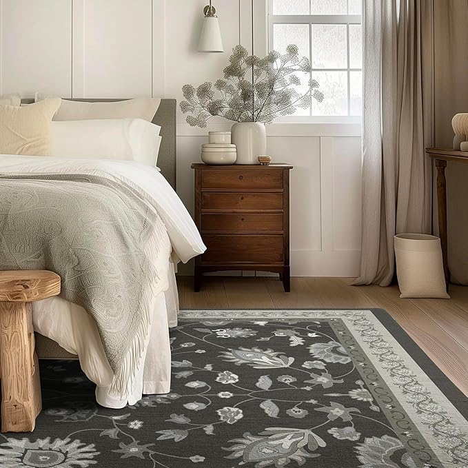 EVERGRACE Area Rugs for Living Room 8x10, Boho Floral Faux Wool Indoor Outdoor Rugs, Washable Rugs for Bedroom Dining Room Entryway Kitchen, Low Pile Floor Mat Carpet for Home Decor, Ebony Black