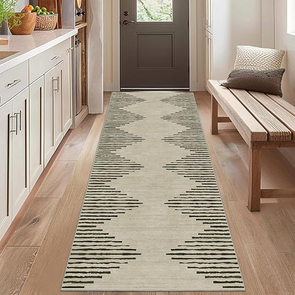 HelloTree Hallway Runner Rug，2.6x8 Moroccan Modern Stripe Carpet Washable Machine Bathroom Runner Bohemian Design Modern Soft Non Slip Indoor Rug for Entryway Hallway Laundry Room Bedroom-Cream