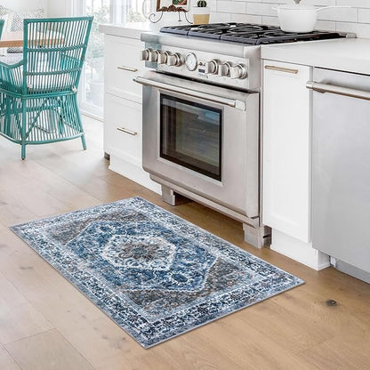 KOZYFLY Small Area Rug 2x3 Ft Rugs for Entryway Washable Boho Entry Rug Non Slip Door Mat Indoor Entrance Blue Printed Faux Wool Vintage Printed Kitchen Rug Throw Rugs for Entrance Kitchen Bathroom