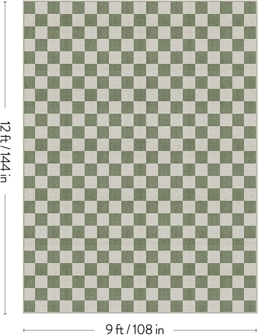 LIVEBOX 9x12 Area Rugs for Living Room, Checkered Non-Slip Washable Rugs, Farmhouse Neutral Classic Geometric Large Boys Area Rug for Bedroom, Carpet for Living Dining Room Office(Sage Green,9'x12')