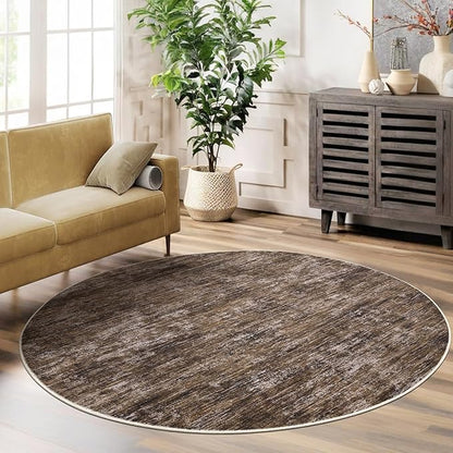 RUGSREAL Washable Round Rug 4x4 ft for Living Room Modern Round Rug Small Bedside Carpet with Rubber Backing Stain Resistant Small Entry Mat Neutral Circle Rug for Bedroom Nursery Home Decor, Brown