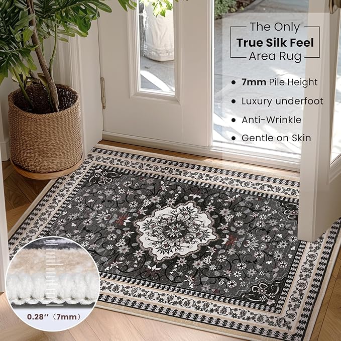 2' x 3' Black Washable Area Rugs, Non-Slip Entryway Rug, Boho Low Pile Door Mat Indoor Entrance, Floral Medallion Pattern Vintage Rugs for Kitchen Bedroom Bathroom Laundry Living Room Farmhouse