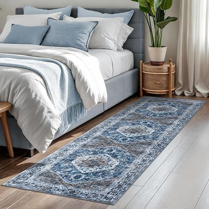 KOZYFLY Runners for Hallways 2x7 Ft Washable Kitchen Runner Rug Boho Runner Rug for Entryway Indoor Blue Printed Oriental Faux Wool Floor Carpet Runner for Bedroom Kitchen Hall