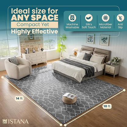 Istana Living Room Rug 10x14 - Dark Grey 10 x 14 Area Rug - Foldable Machine Washable Area Rugs 10x14 - Stylish 10x14 Area Rugs Boho - Stain Resistant Washable Rug 10x14