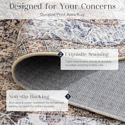 Phantoscope Washable Area Rug 4'x6' Non-Slip, Vintage Neutral Rugs for Living Room, Bedroom, Dining Room, Distressed Boho Floral Medallion Pattern, Low-Pile Foldable Floor Carpet, Light Brown