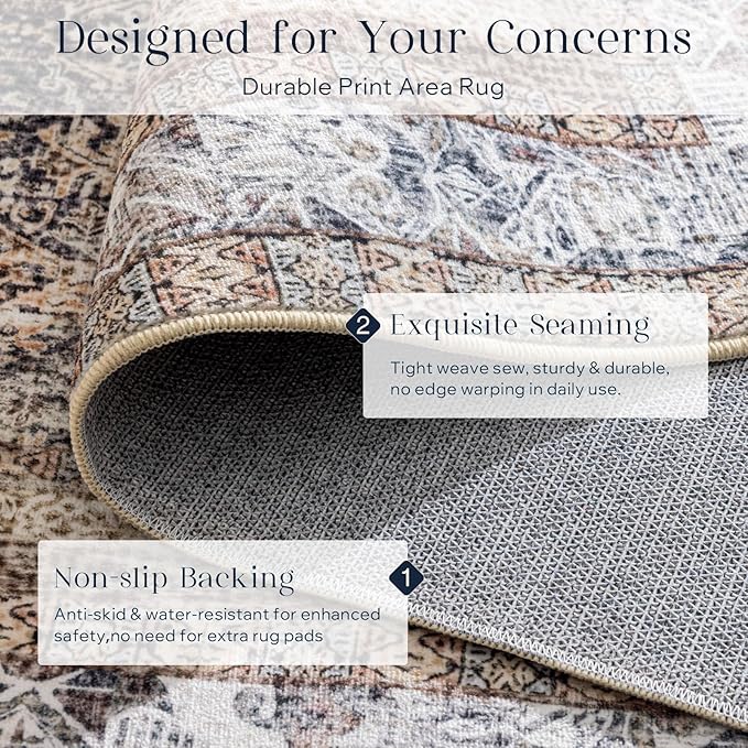 Phantoscope Washable Runner Rug 2'x10' Non-Slip, Vintage Neutral Hallway Rugs for Entryway, Stair, Bedroom, Distressed Boho Floral Medallion Pattern, Low-Pile Foldable Floor Carpet, Light Brown