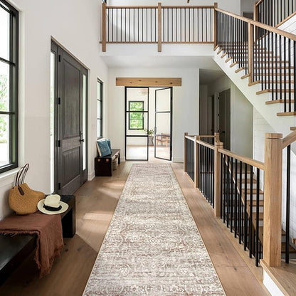 Lahome Runner Rug for Hallway 2.5x10, Washable Kitchen Runner Rugs Ultra-Thin Non Slip, Neutral Boho Print Long Farmhouse Indoor Carpet Runner for Entryway 10ft (Taupe, 2'5''x10')
