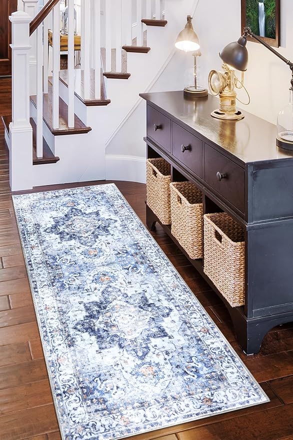 COMSLE Boho Runner Rug, 2x6 Washable Rugs for Hallway Faux Wool Small Throw Rug Distressed Kitchen Area Rug Non-Slip Laundry Room Rug Carpet Runner for Entryway Indoor Bedroom (Blue)