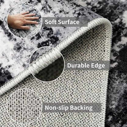 3x16 Washable Runner Rug for Hallway: Extra Long Runners for Entryway Living Room Dining Room - Stain and Water Resistant Rugs with Non-Slip Backing - Soft Low-Pile Carpet Black Grey