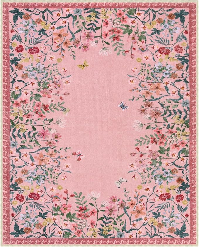 Lahome Boho Floral 8x10 Pink Rugs for Bedroom Girls, Non Slip Washable Nursery Rugs for Living Room, Pastel Indoor Throw Carpet for Dorm Classroom Playroom(Pink,8x10)