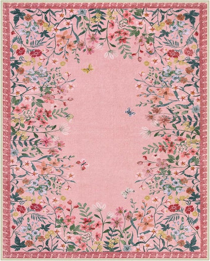 Lahome Boho Floral 8x10 Pink Rugs for Bedroom Girls, Non Slip Washable Nursery Rugs for Living Room, Pastel Indoor Throw Carpet for Dorm Classroom Playroom(Pink,8x10)
