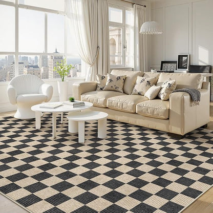 LIVEBOX 9x12 Area Rugs for Living Room, Checkered Non-Slip Washable Rugs, Farmhouse Neutral Classic Geometric Large Boys Area Rug for Bedroom, Carpet for Living Dining Room Office(Black,9'x12')